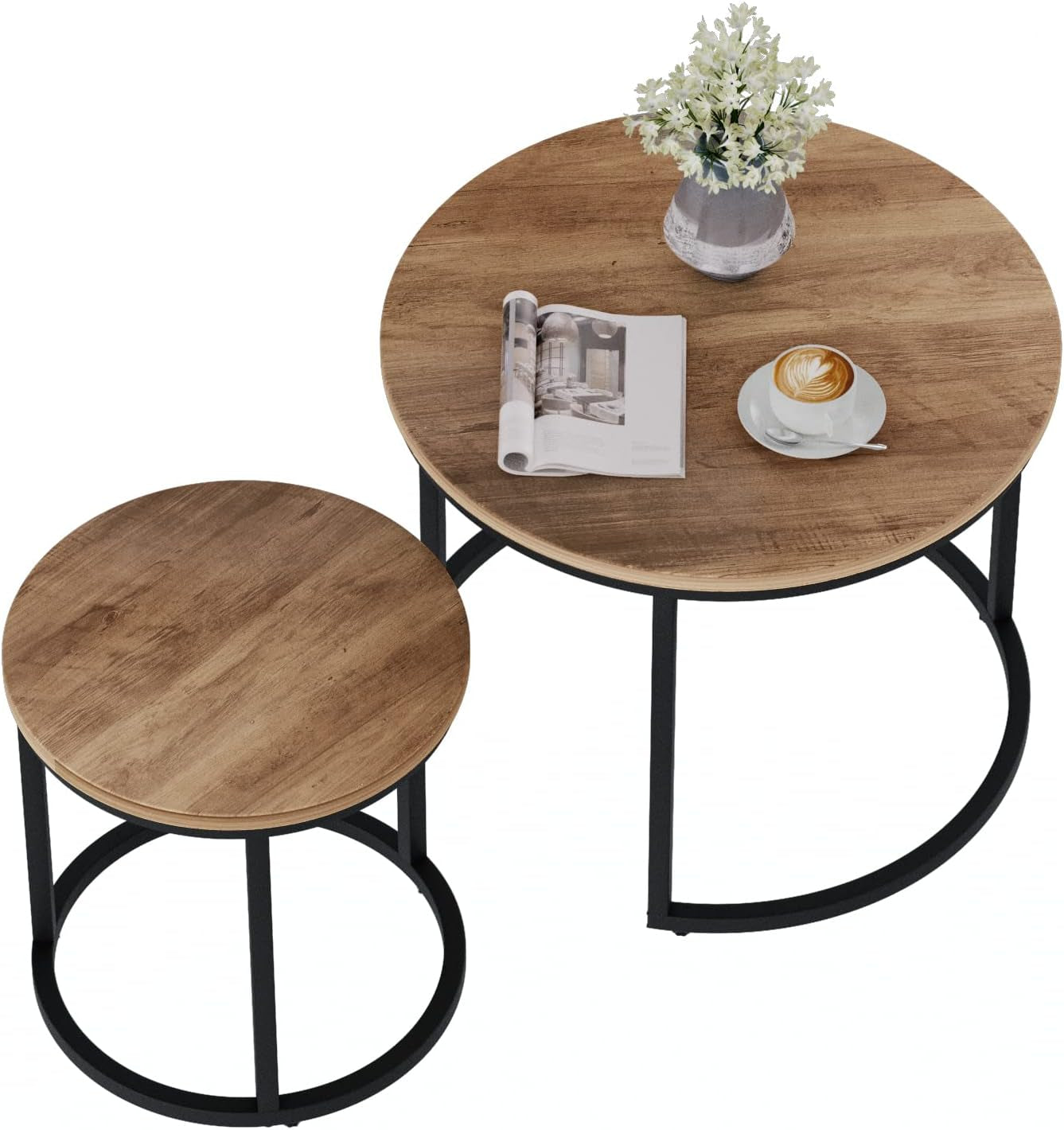 Nesting Coffee Table Set of 2, 23.6" round Coffee Table Wood Grain Top with Adjustable Non-Slip Feet, Industrial End Table Side Tables for Living Room Bedroom Balcony Yard