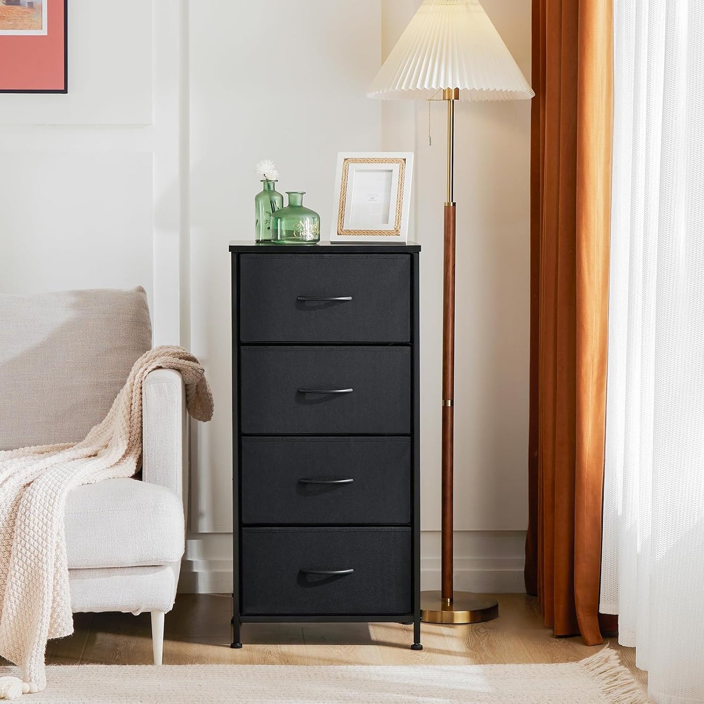 Nightstand Small Bedroom Dresser with 4 Fabric Drawers, Bed Side Furniture End Table, Wooden Top Cabinet Night Stand Dresser for Closet, Entryway, Dorm, Black
