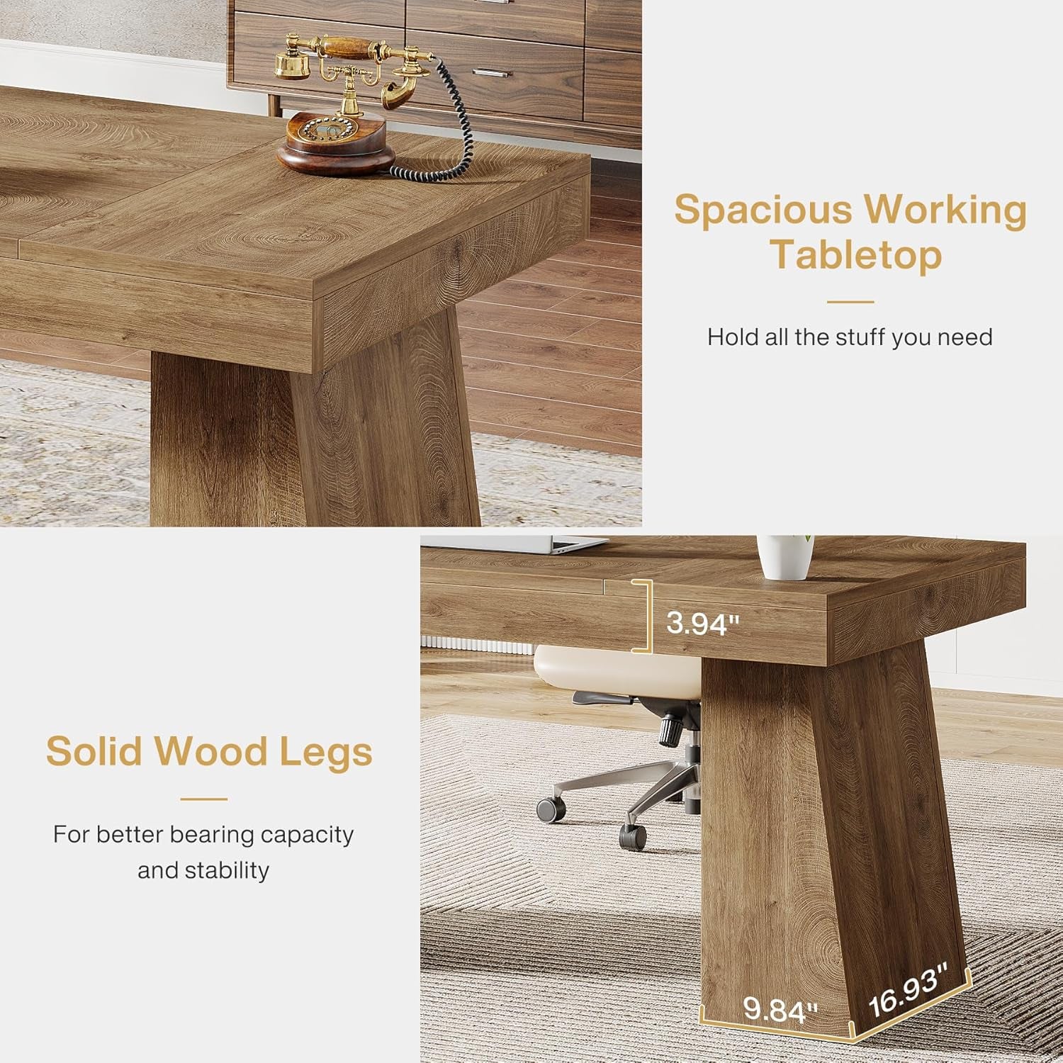 55 Inches Executive Desk, Mid-Century Modern Home Office Desk, Wood Computer Table Business Workstation Small Conference Table, Light Brown