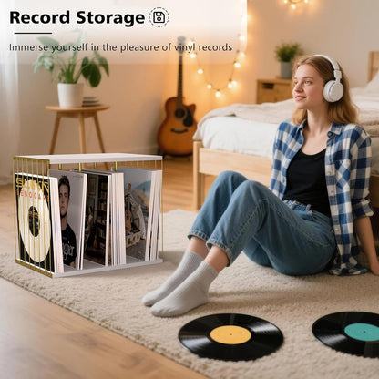 Vinyl Record Storage, Metal & Wooden Vinyl Record Holder up to 80 Album, 3-Compartment Record Player Stand for Magazine, Book, Files, Albums (White)