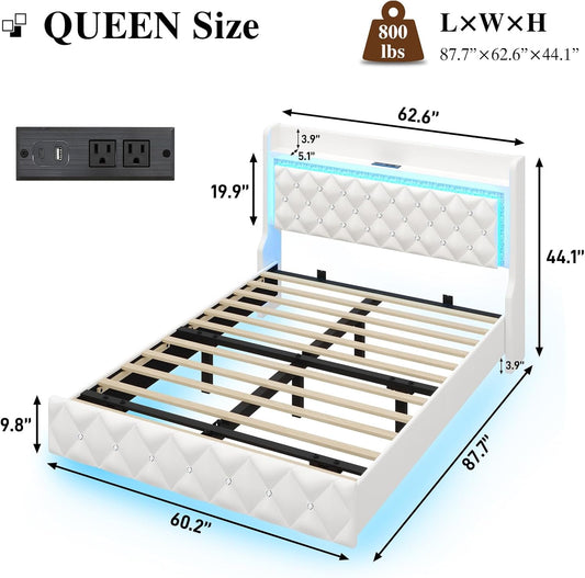 Floating Queen Bed Frame with LED Light, Upholstered Platform Queen Bed with Charging Station & Wingback, Diamond Tufted Storage Headboard & Footboard, PU Leather, No Box Spring Needed, White