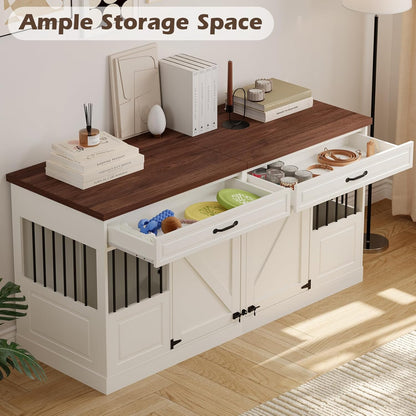 Large Dog Crate Furniture - Wooden Indoor Dog Kennel Furniture for 2 Dogs with Sliding Barn Door and Removable Divider, Heavy Duty Dog Crate Table, 63" L X 23.6" W X 31.5" H, White