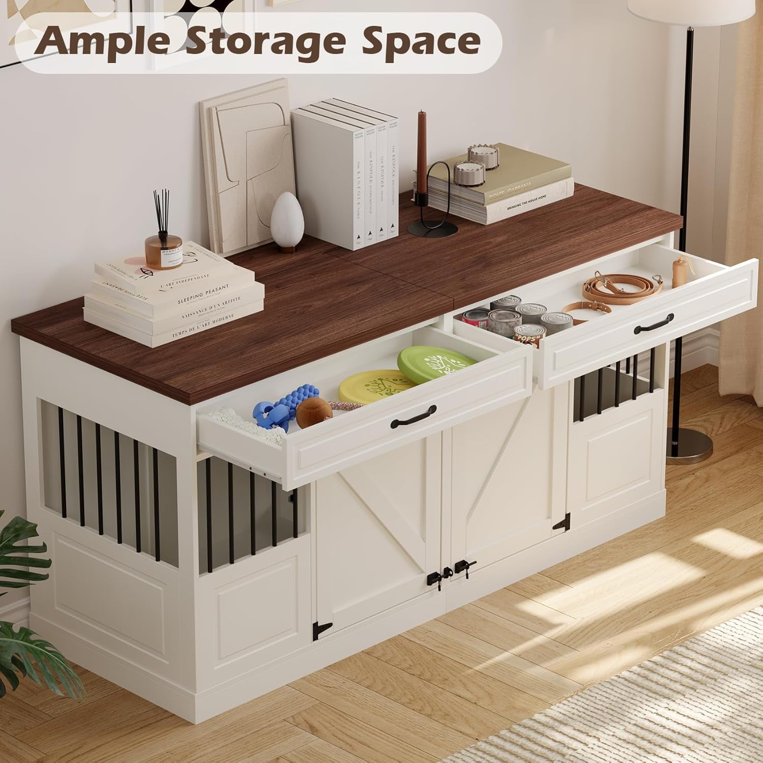 Dog Crate Furniture - Indoor Wood Dog Kennel Furniture 4 Doors with Divider and 2 Drawers - 72" L X 23.6" W X 33.5" H, White