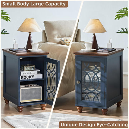 Narrow Side Table with Charging Station, Night Stand with Glass Door, Bedside End Tables with Adjustable Shelf Storage Cabinet,Wood Nightstand for Small Spaces Living Room Bedroom