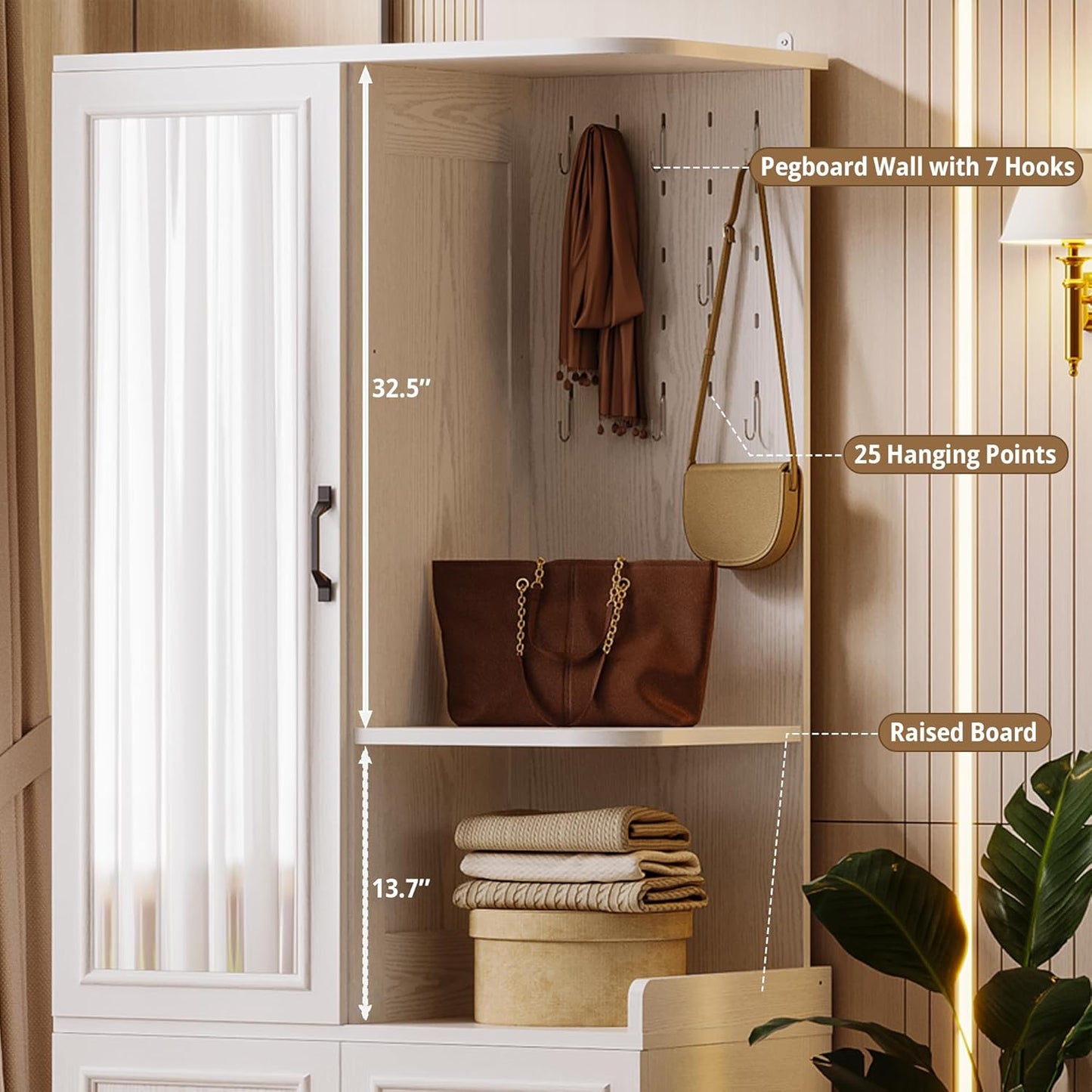 Armoire Wardrobe Closet, 70" H Wooden Bedroom Armoire with Mirror, 2 Cabinet, Pegboard and a Open Shelf, Large Freestanding Clothing Storage Cabinet with 3 Doors, White