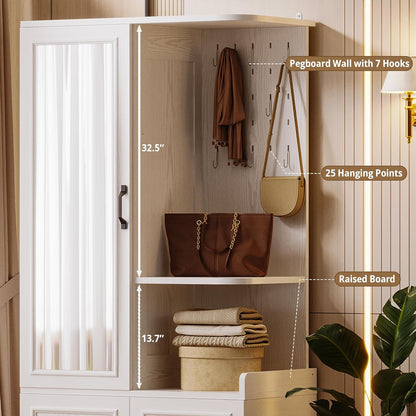Armoire Wardrobe Closet, 70" H Wooden Bedroom Armoire with Mirror, 2 Cabinet, Pegboard and a Open Shelf, Large Freestanding Clothing Storage Cabinet with 3 Doors, White