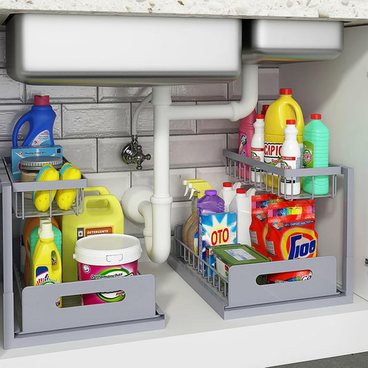 under Sink Organizer, Pull Out Cabinet Organizer 2 Tier Slide Out Sink Shelf Cabinet Storage Shelves, Storage for Kitchen Bathroom, Grey, 2 Pack