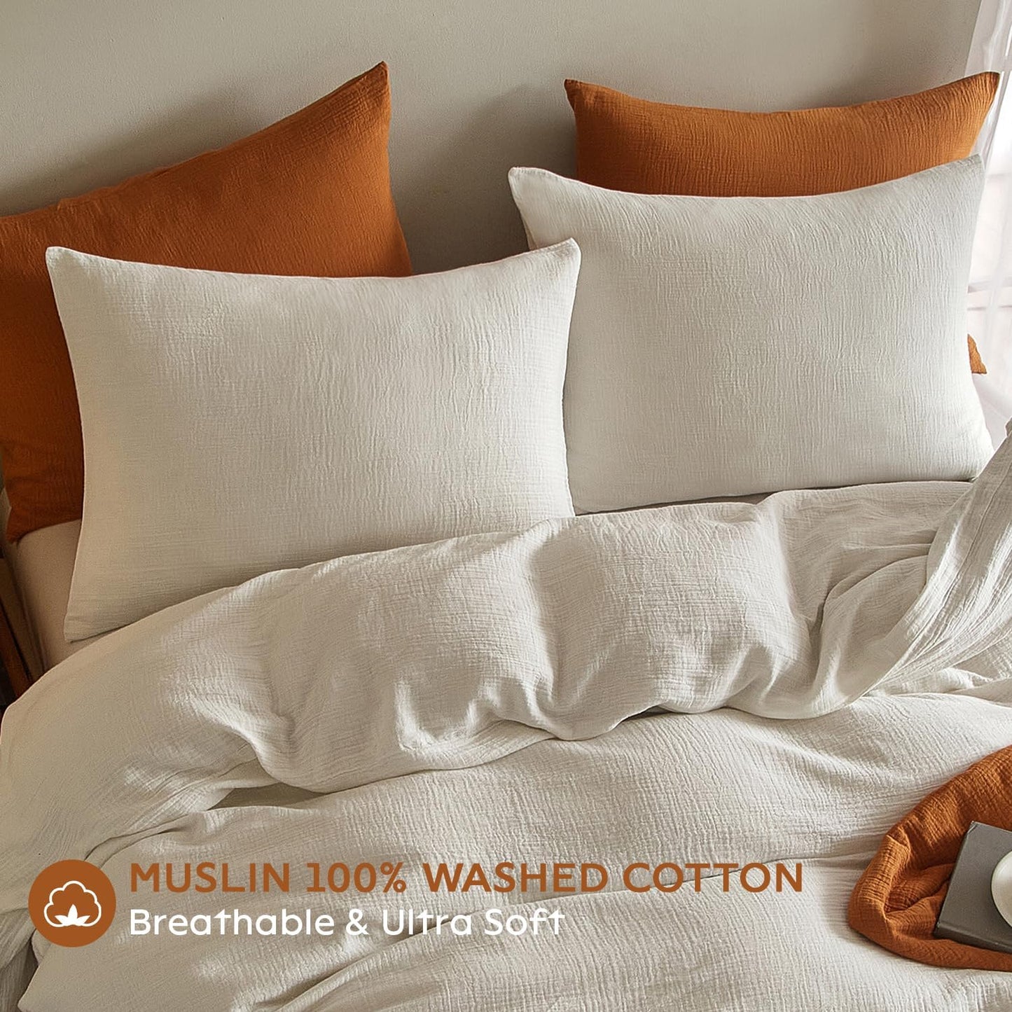 Muslin Pillowcases King Size 100% Cotton, 2 Pack Linen like Pillow Shams with Envelope Closure, Ultral Soft and Breathable Pillow Case Covers, White, 20" X 36", No Filling