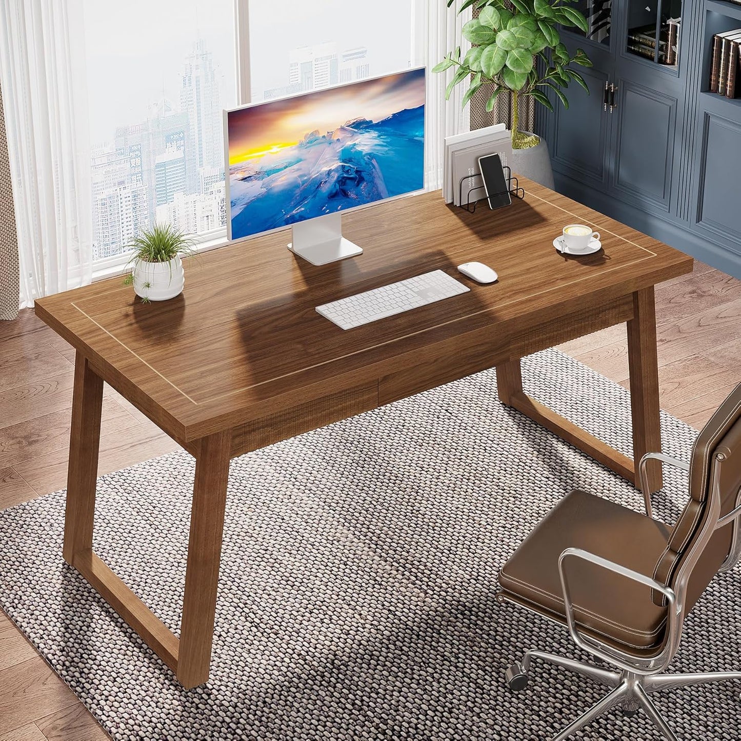Home Office Executive Desk: 55 Inches Wooden Computer Desk with Drawer, Mid-Century Modern Study Writing Table, Rustic PC Laptop Desk Workstation Furniture, Walnut Brown