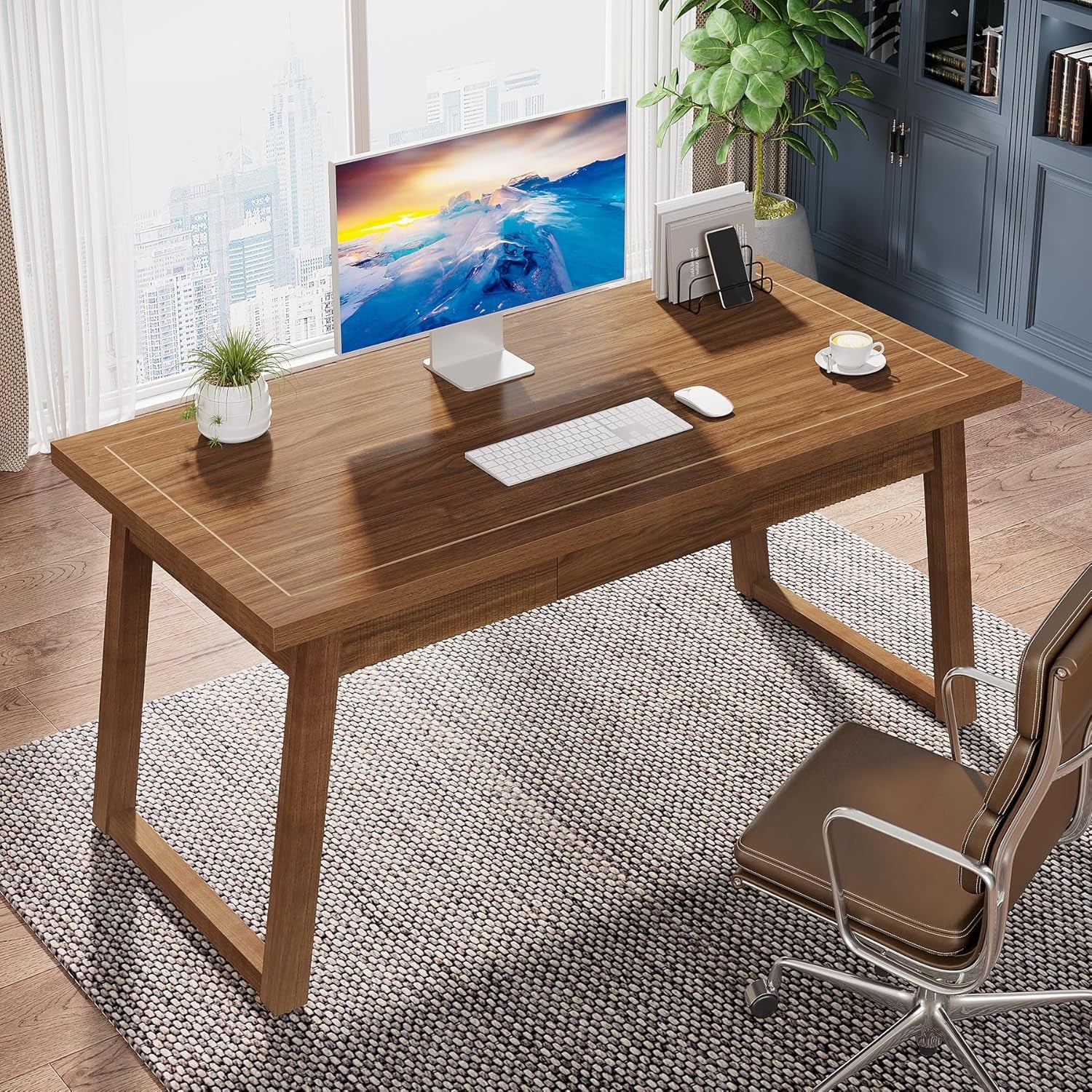 Home Office Executive Desk: 55 Inches Wooden Computer Desk with Drawer, Mid-Century Modern Study Writing Table, Rustic PC Laptop Desk Workstation Furniture, Walnut Brown