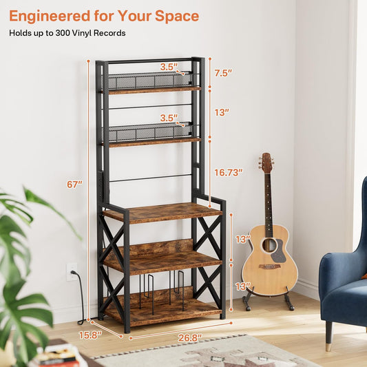 Record Player Stand with Power Outlet, 5-Tier Vinyl Record Storage Rack with Turntable Stand, LP Album Organizer & Display Rack, Media Storage Cabinet for Living Room Bedroom Music Corner