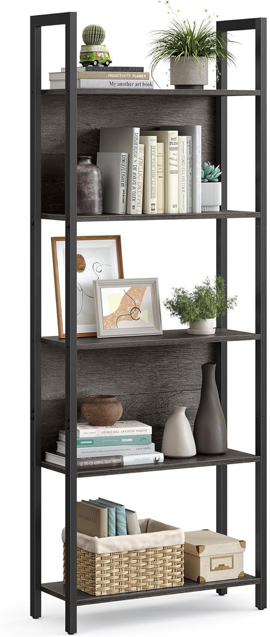 5-Tier Bookshelf, Book Shelf, Industrial Bookcase, with Steel Frame, for Living Room, Home Office, Bedroom, 9.4 X 24.4 X 65 Inches, Charcoal Gray and Black ULLS025B04