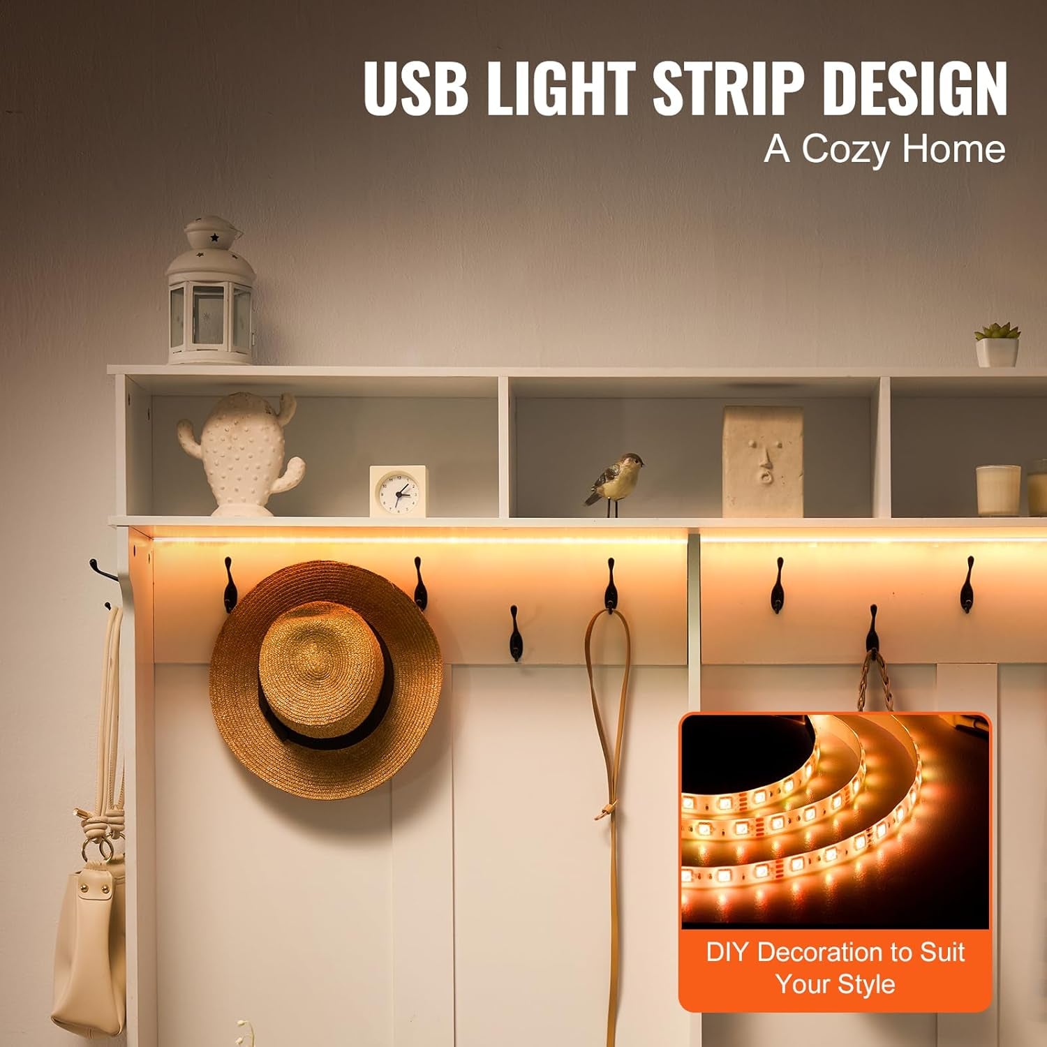 Hall Tree Entryway Bench, LED Coat Rack with Shoe Storage, 59" Wide Mudroom Bench with Storage and Seating, Adjustable Shelves and 12 Hanging Hooks, for Mudroom, Entryway, Hallway