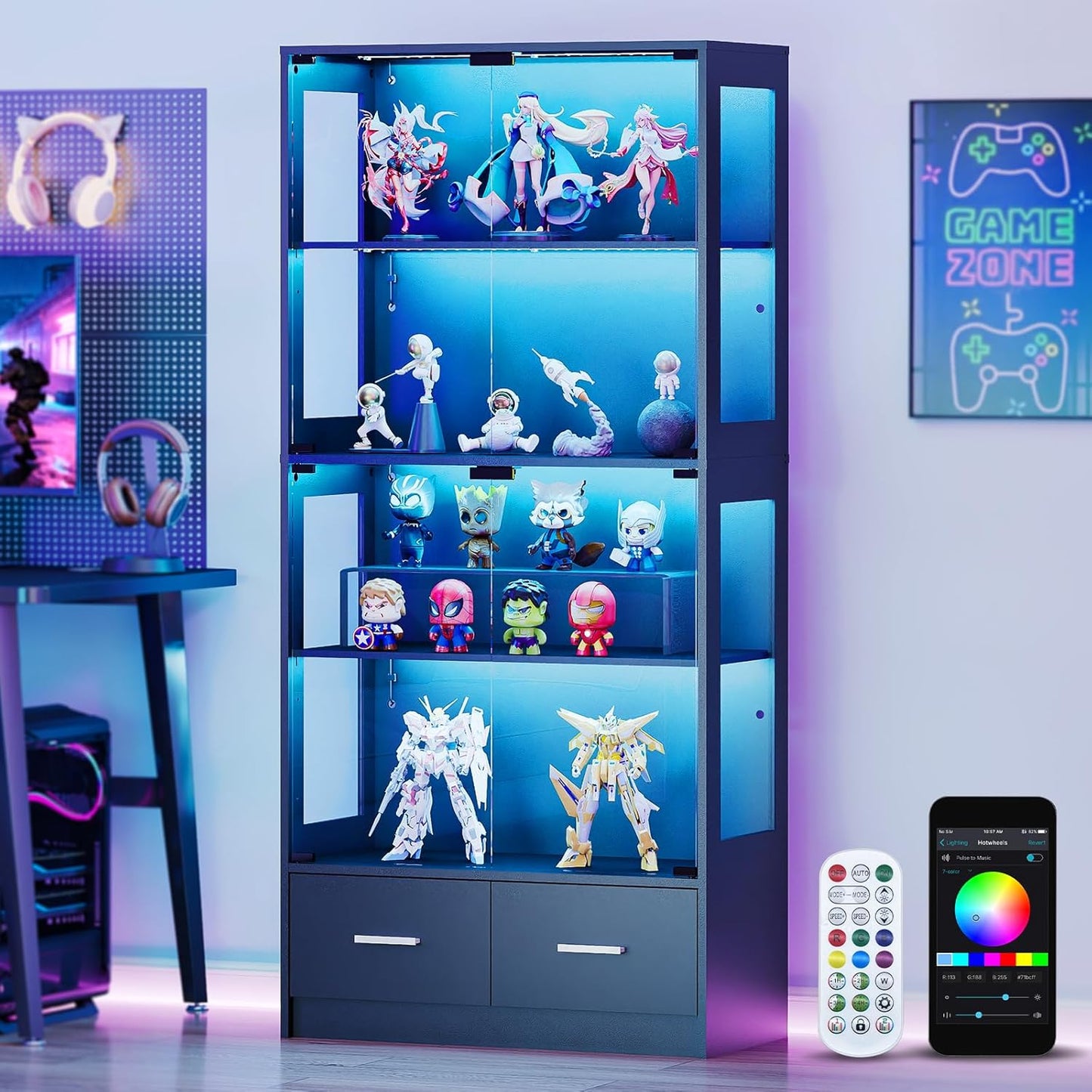 Display Cabinet with Lights - 67" Curio Cabinet for Collectibles with Glass Door and 2 Drawers, 4 Tier Glass Display Case for Living Room, Black