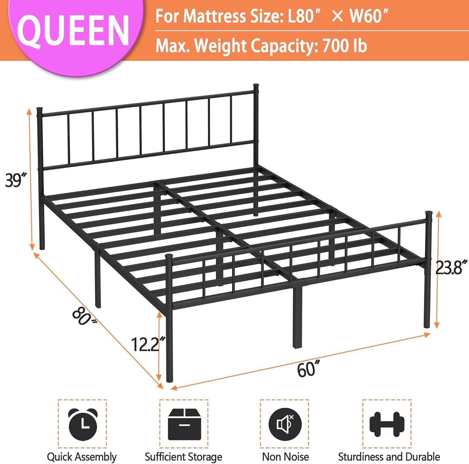 Classic queen metal platform bed frame with steel slats, view 2