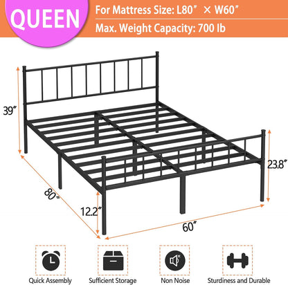 Classic queen metal platform bed frame with steel slats, view 2