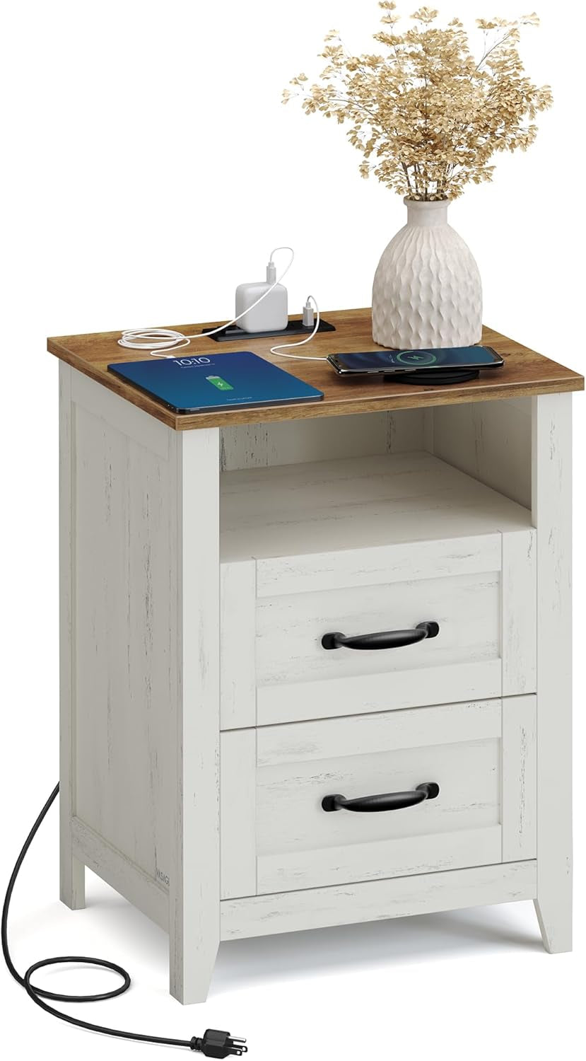 LIRY Collection - Farmhouse Nightstand with Charging Station, Bedside Table, Side Table with 2 Drawers, Open Compartment, for Bedroom, Rustic White and Honey Brown ULET669W0
