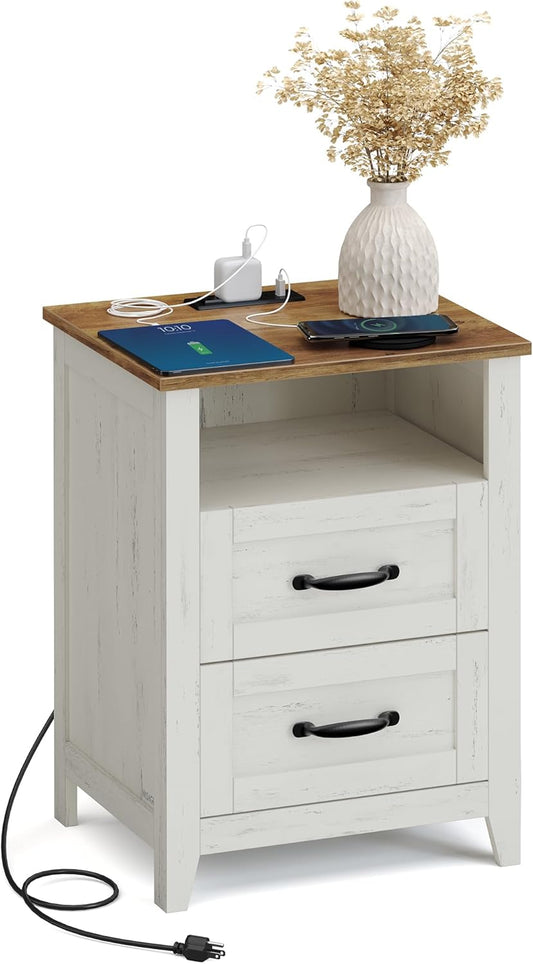LIRY Collection - Farmhouse Nightstand with Charging Station, Bedside Table, Side Table with 2 Drawers, Open Compartment, for Bedroom, Rustic White and Honey Brown ULET669W0