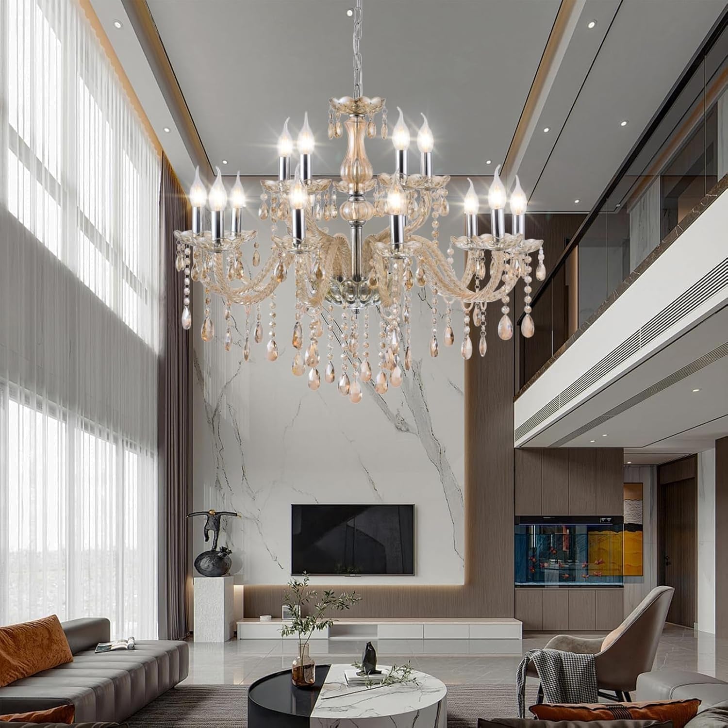 Luxury Cognac Large Crystal Chandeliers for High Ceiling,15-Light 30.7" Large Chandeliers for Dining Room,Living Room,Bedroom,Foyer,Staircase