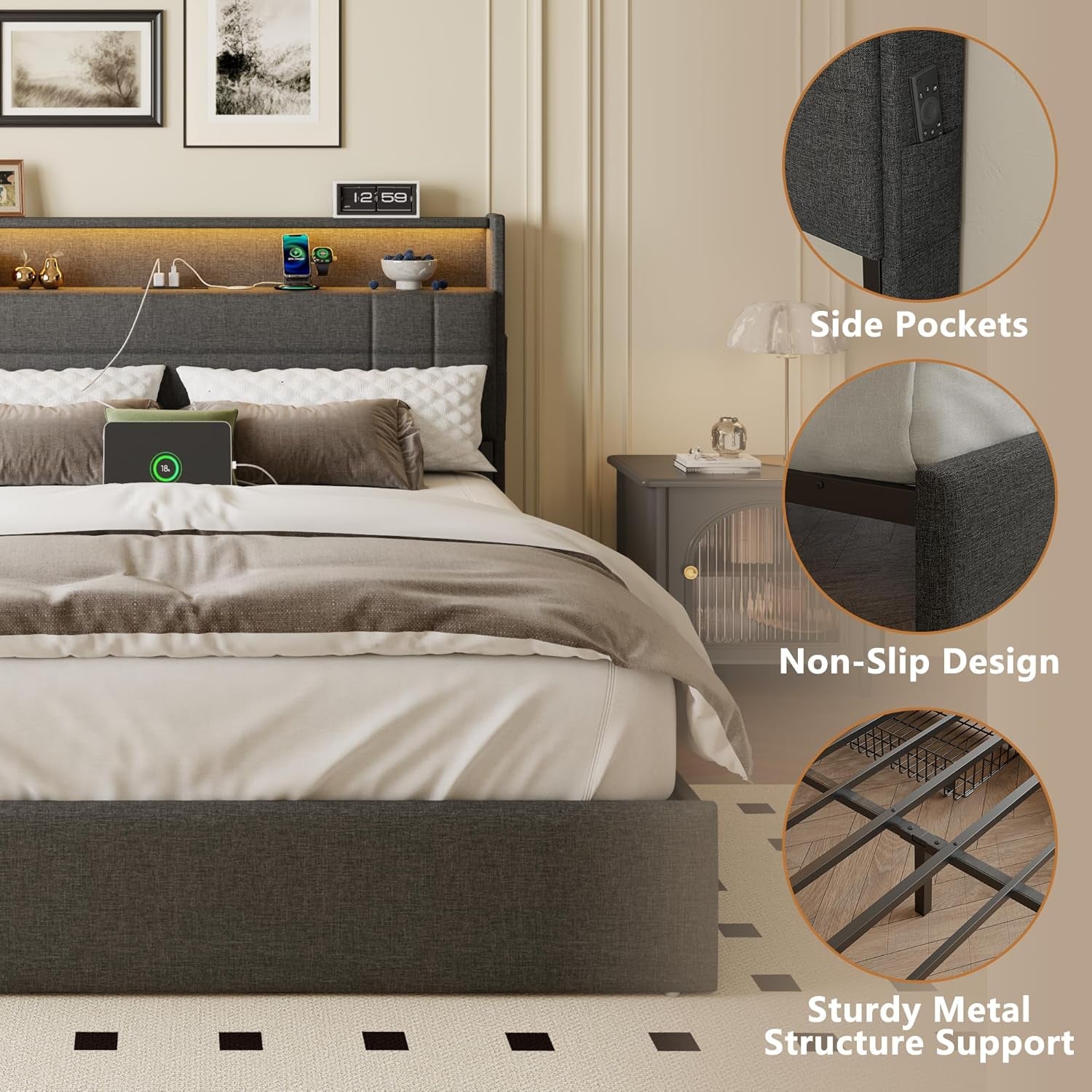 Queen Bed Frame with 4 Drawers and Storage Headboard, Grey Upholstered Platform Bed Frame Queen Size with Charging Station and LED Lights, Metal Slats Support, No Box Spring Needed