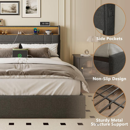 Queen Bed Frame with 4 Drawers and Storage Headboard, Grey Upholstered Platform Bed Frame Queen Size with Charging Station and LED Lights, Metal Slats Support, No Box Spring Needed