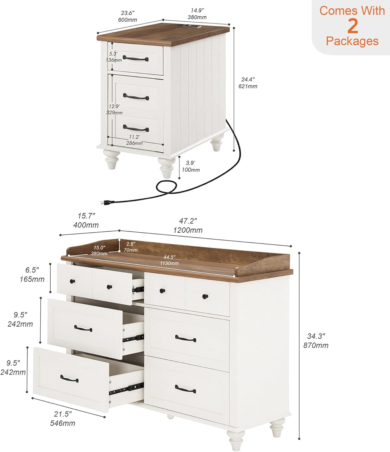 2 Piece Bedroom Set - Includes Mid Century 6 Drawer Dresser, Side Table with Charging Station & Storage Cabinet, 2 Piece Dresser and Nightstand Sets, White
