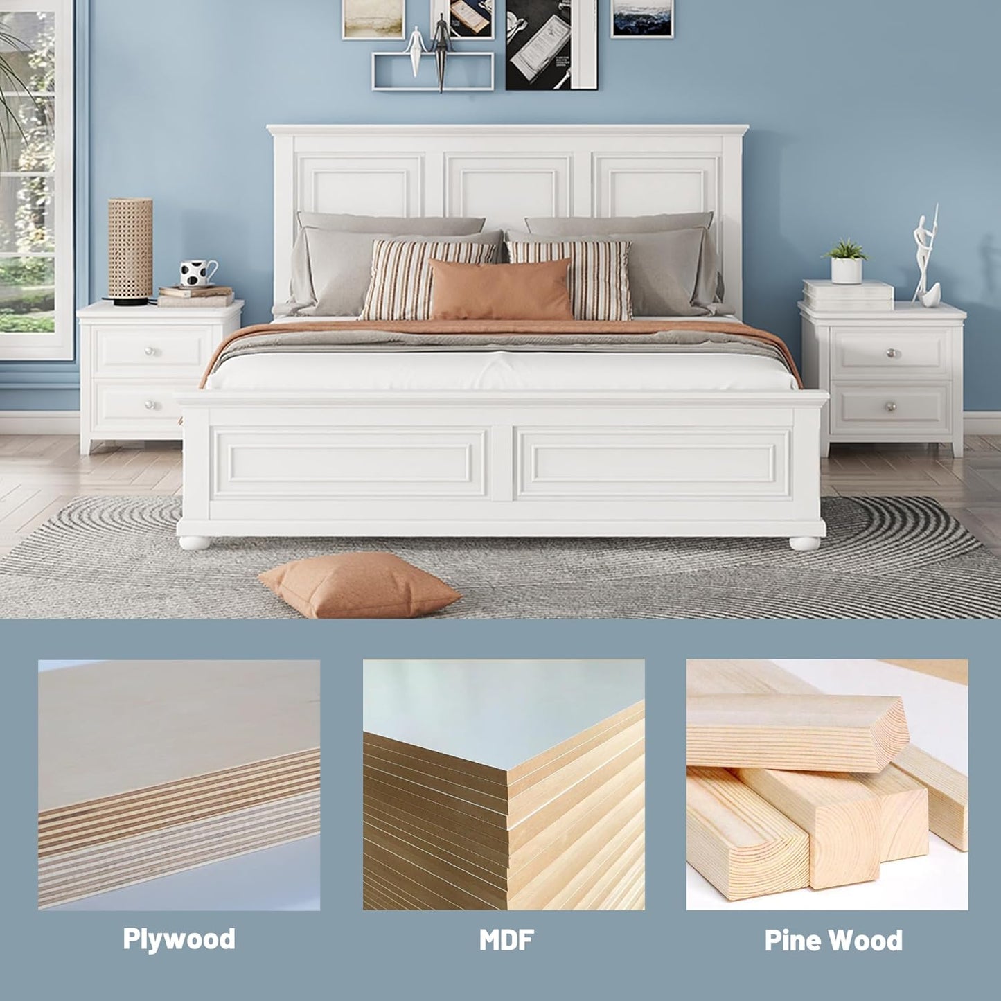 King Size Bed Frame Farmhouse Style, Tall Headboard King Bed Frame with Footboard, Pinewood Antique Beds, Farmhouse Style, Noise-Free, No Box Spring Needed, White