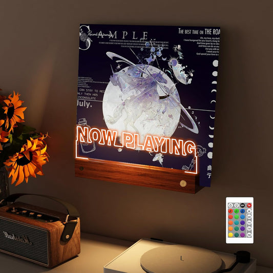 Light up Now Playing Vinyl Record Stand Wall Mount, Now Spinning Record Player Stand, Wooden Acrylic Holder for Vinyl Album Display and Storage with 16 Changing Color Lights