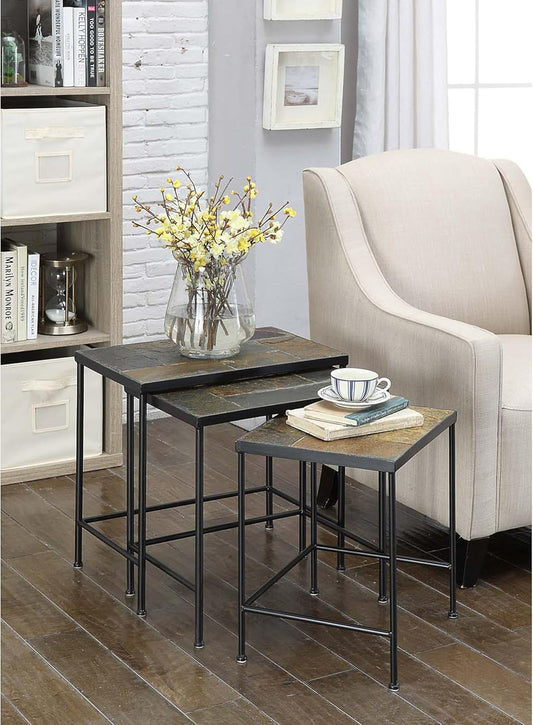Nesting Tables Set of 3, End Tables with Slate Table Top, Solid Real Stone, Side Table, Accent Table