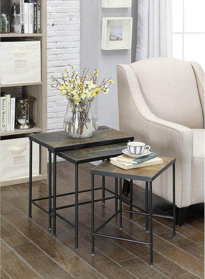 Nesting Tables Set of 3, End Tables with Slate Table Top, Solid Real Stone, Side Table, Accent Table