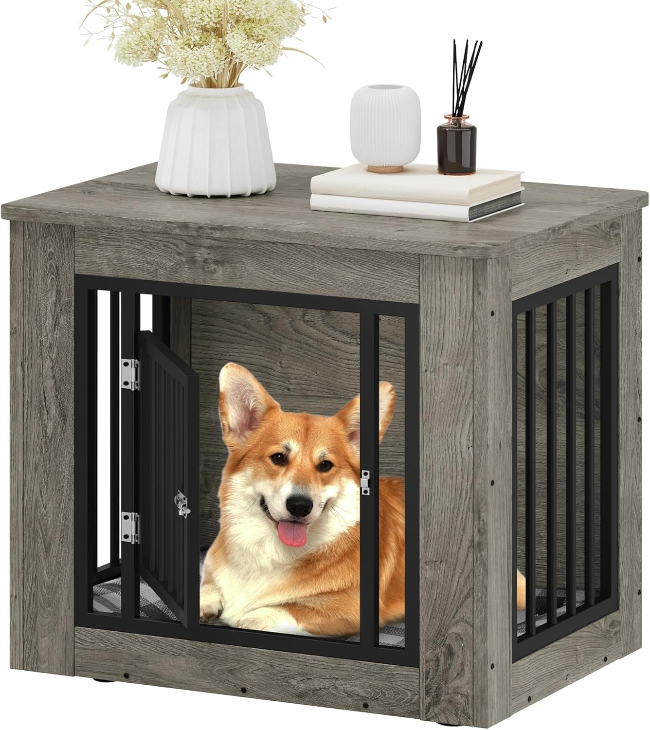 27.2" L Dog Crate Furniture for Medium Dogs, 2-In-1 Iron-Wood Fusion Dog Cage Indoor up to 30 Lb, Side End Table, Modern Dogs Kennel with Waterproof Top, Safety Corners,Steel Lock,Grey