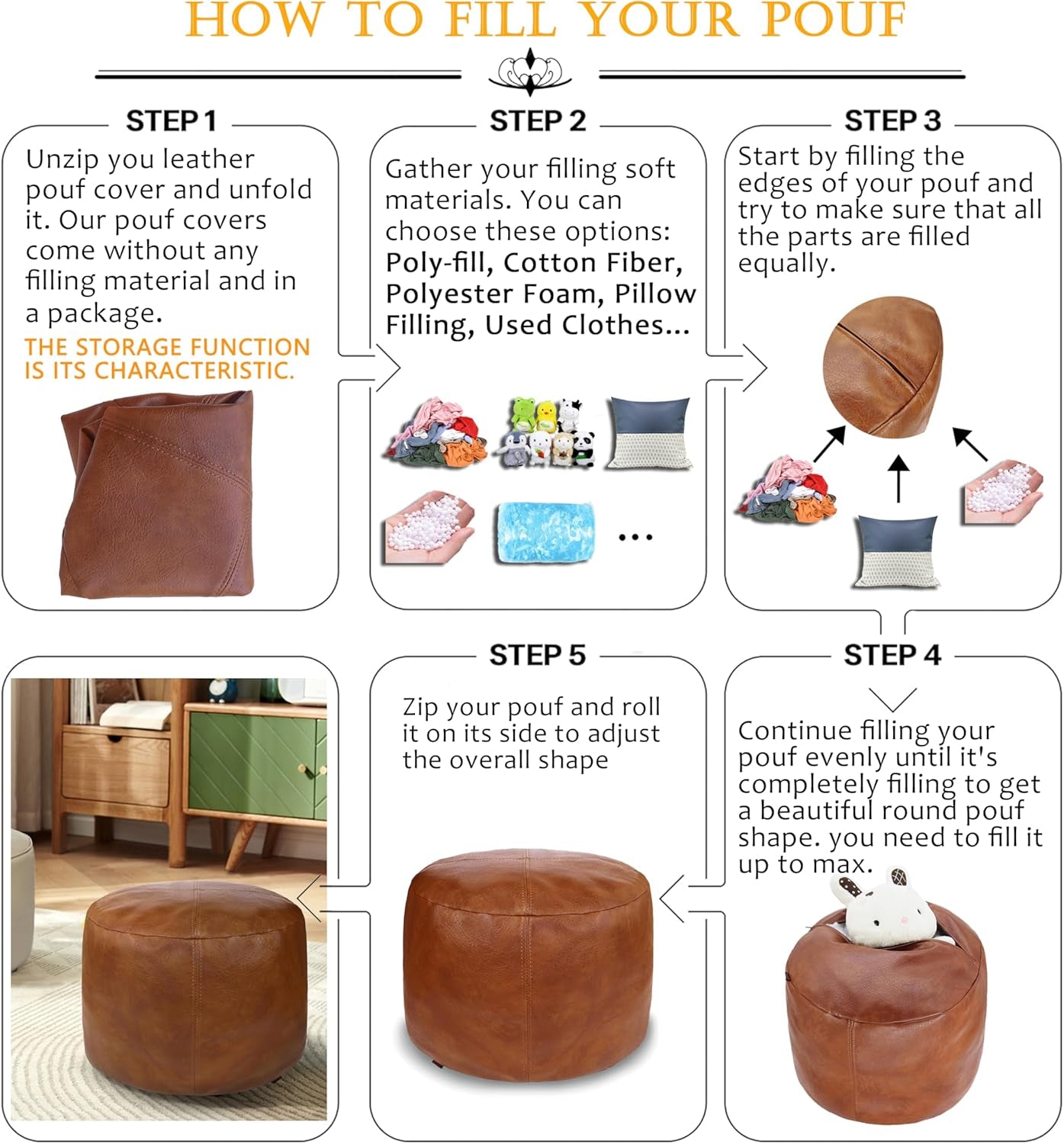 Unstuffed Faux Leather Pouf Cover, Handmade Footstool Ottoman Storage Solution, Floor Footrest Cushion, 16.5”Dx12”H, Amaretto