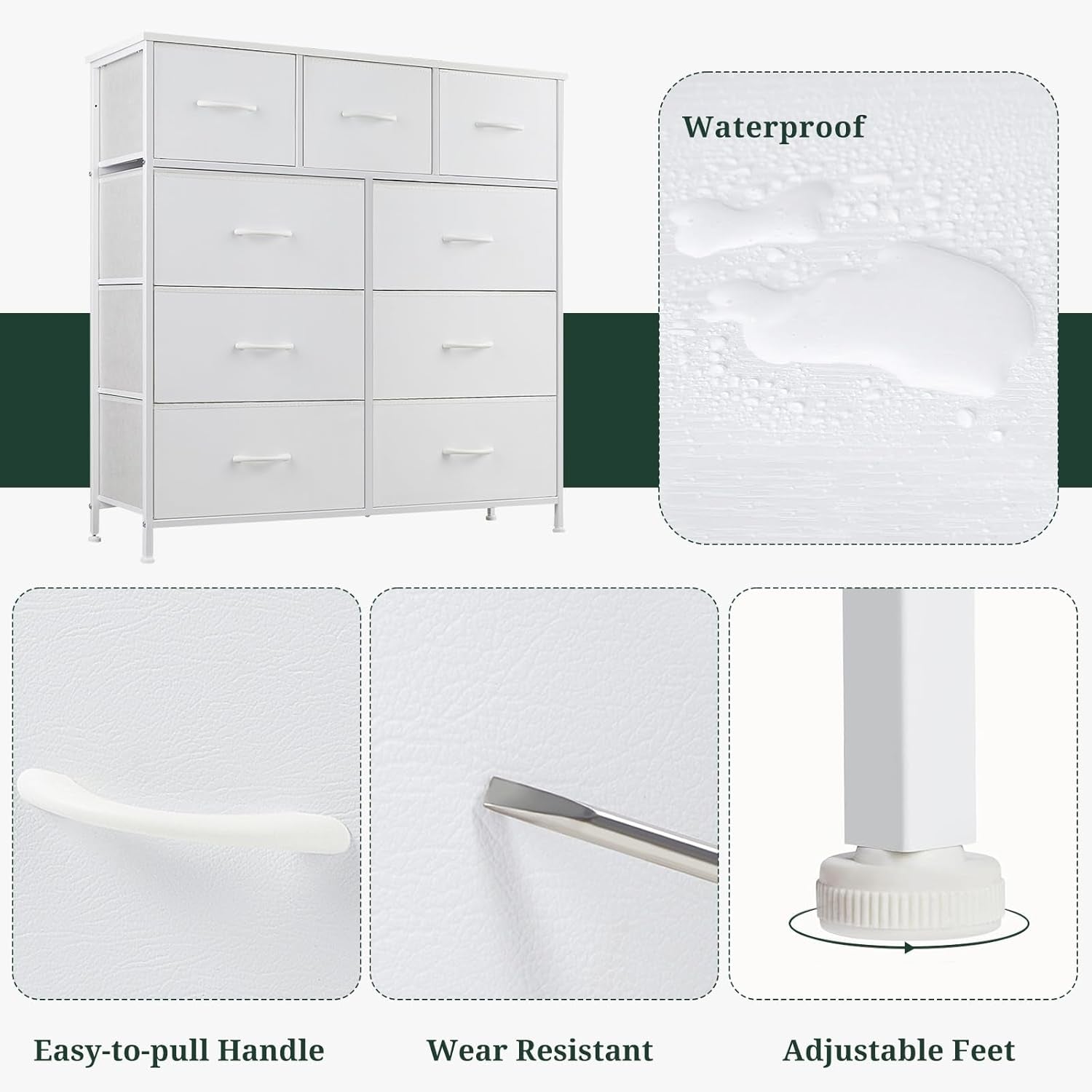 9-Drawer Dresser for Bedroom, Anti-Tip Tall Storage Organizer Chest of Drawers with Wooden Top and Metal Frame Fabric Bins for Closet, Living Room, Hallway, Entryway, White