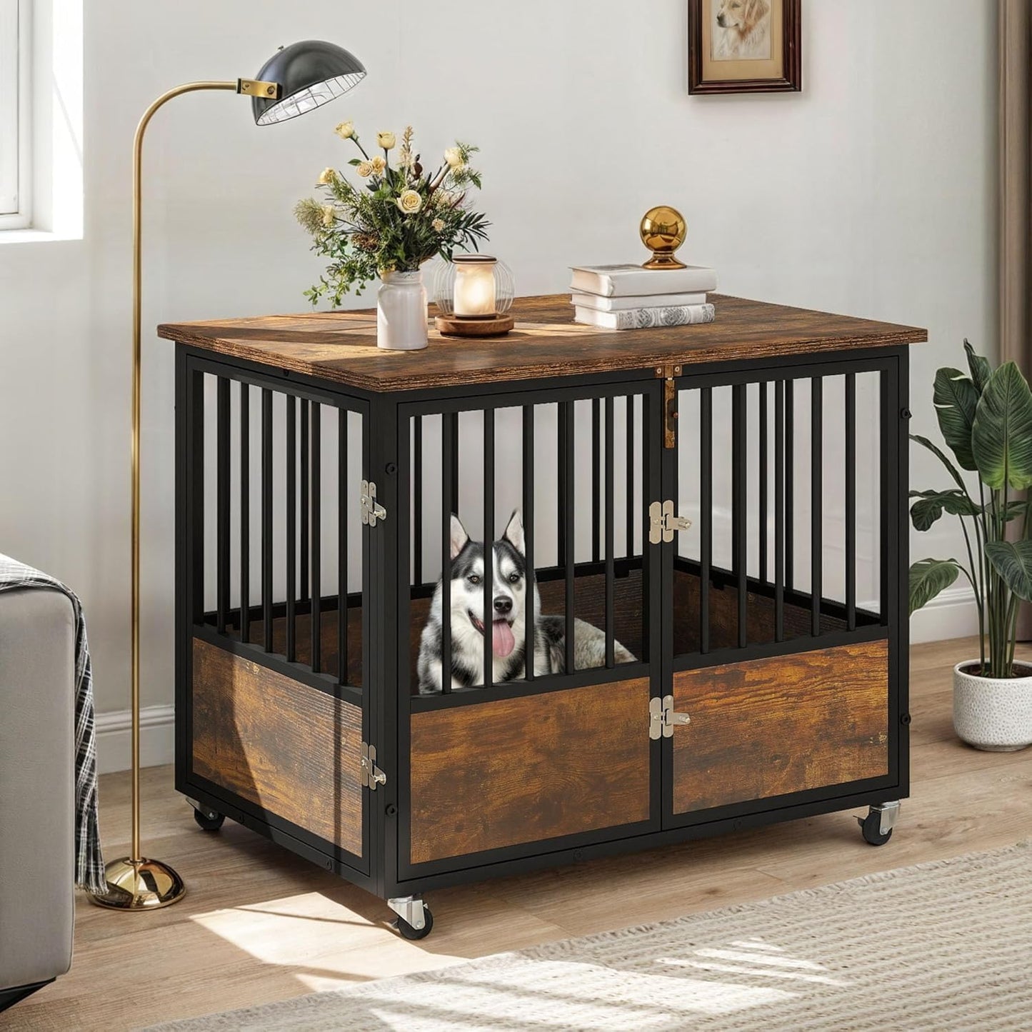 Dog Crate Furniture with Wheels, 38 Inch Dog Kennel Indoor Furniture End Table Dog Crate for Dogs, Farmhouse Decorative Wooden Dog Cage Table with Double-Doors, Chew-Resistant, Rustic Brown