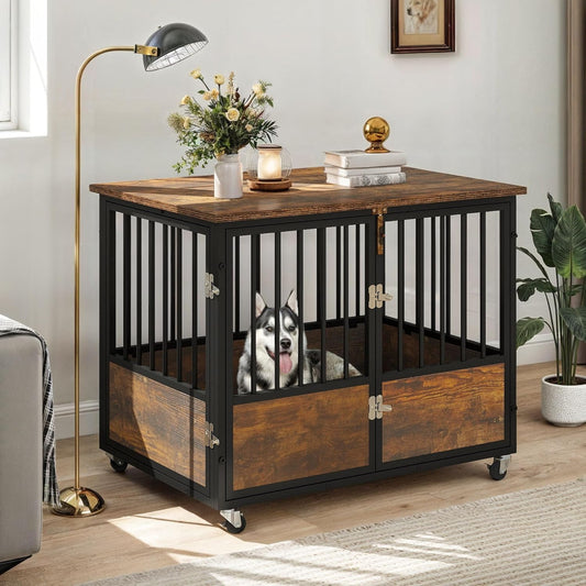Dog Crate Furniture with Wheels, 38 Inch Dog Kennel Indoor Furniture End Table Dog Crate for Dogs, Farmhouse Decorative Wooden Dog Cage Table with Double-Doors, Chew-Resistant, Rustic Brown