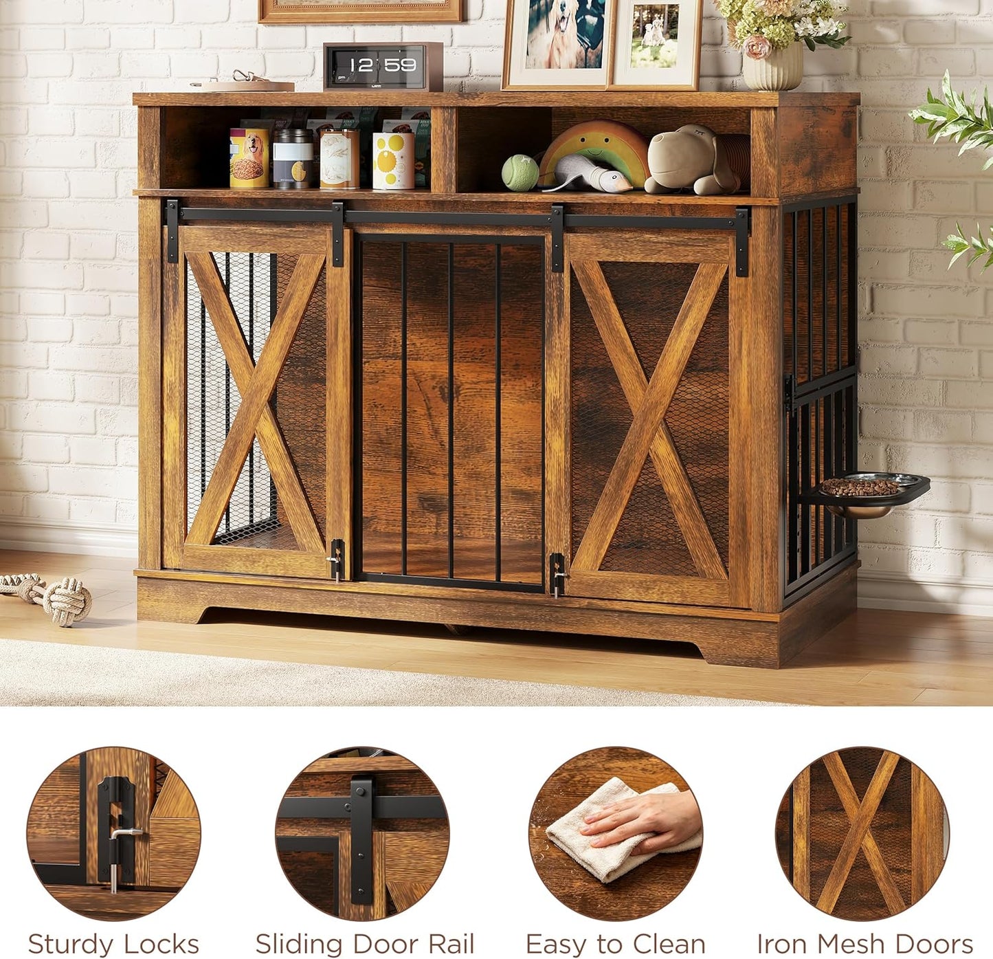 47" Large Dog Crate, Wooden Dog Kennel Furniture with Storage & Adjustable Bowl & Sliding Barn Door, Heavy Duty Dog Crates for Large Dogs, Indoor Decorative Dog Cage, Brown