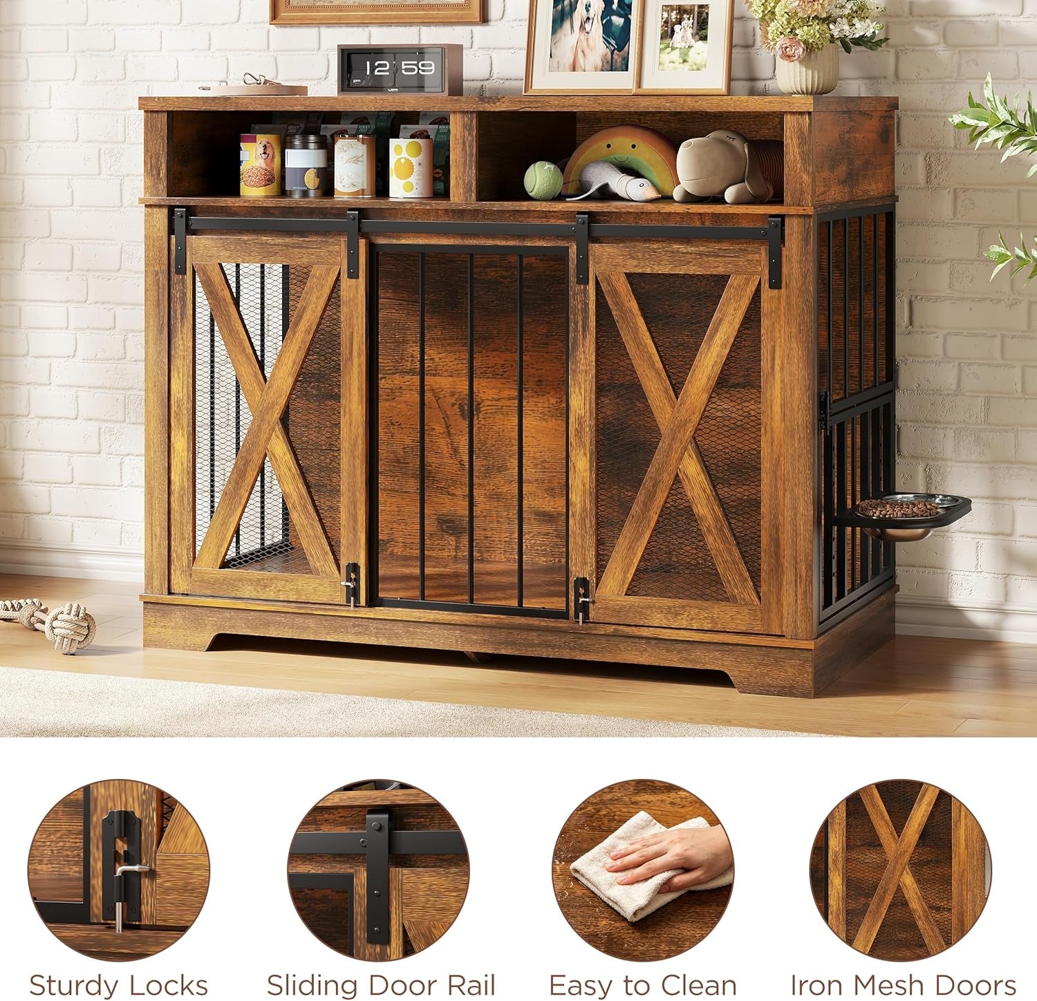 47" Large Dog Crate, Wooden Dog Kennel Furniture with Storage & Adjustable Bowl & Sliding Barn Door, Heavy Duty Dog Crates for Large Dogs, Indoor Decorative Dog Cage, Brown