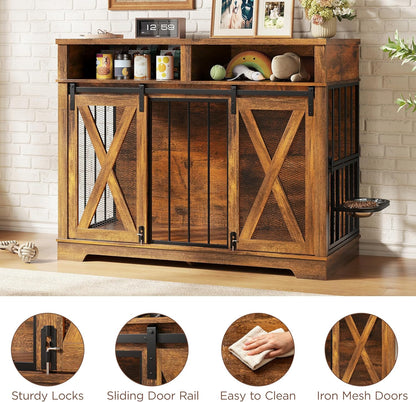 47" Large Dog Crate, Wooden Dog Kennel Furniture with Storage & Adjustable Bowl & Sliding Barn Door, Heavy Duty Dog Crates for Large Dogs, Indoor Decorative Dog Cage, Brown