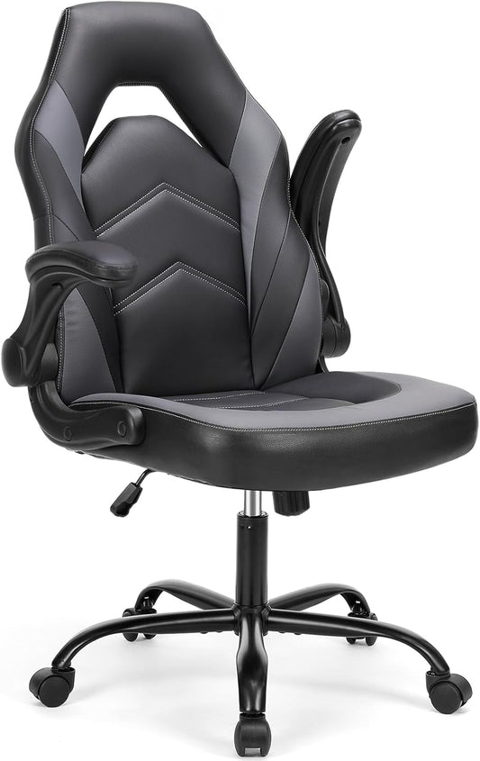 Gaming Ergonomic Office Chair for Adults, Height Adjustable Computer Desk Chair with Flip-Up Armrests, PU Leather Swivel Video Game Chair with 360° Rolling Wheels, Grey