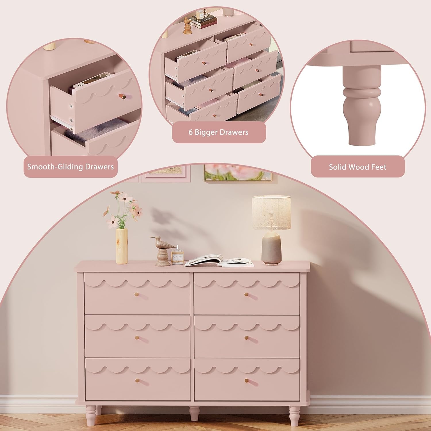 Bedroom Set 2 PCS 6 Drawer Dresser and Night Stand Sets for Bedroom, Two Drawers Nightstand & Scalloped 6 Drawer Dresser Combo 2 Pieces (Pink)