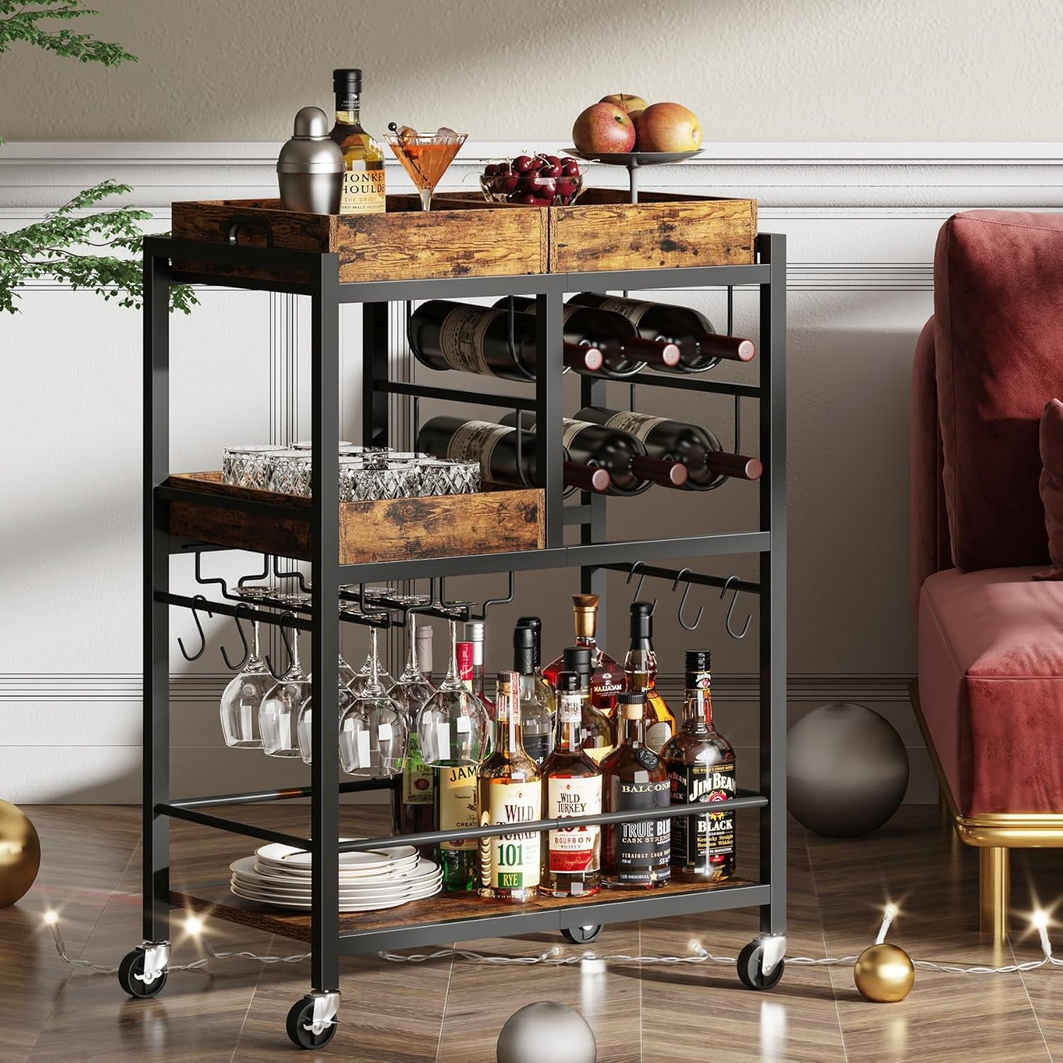 Bar Cart, Home Bar Serving Cart, 3-Tier Kitchen Cart on Wheels, Rolling Beverage Cart with Wine Rack and Glass Holder, Brown BC01BB037