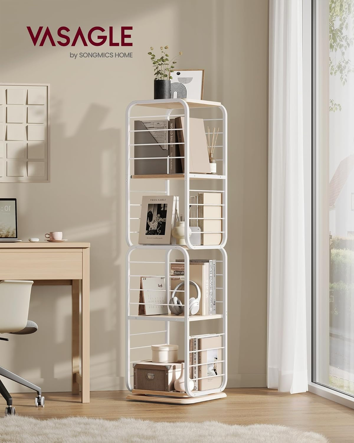 4-Tier Rotating Bookshelf, Bookcase with Bookends for Small Spaces, Corner Shelf, Steel Frame, Natural Beige and Cloud White ULLS127W67