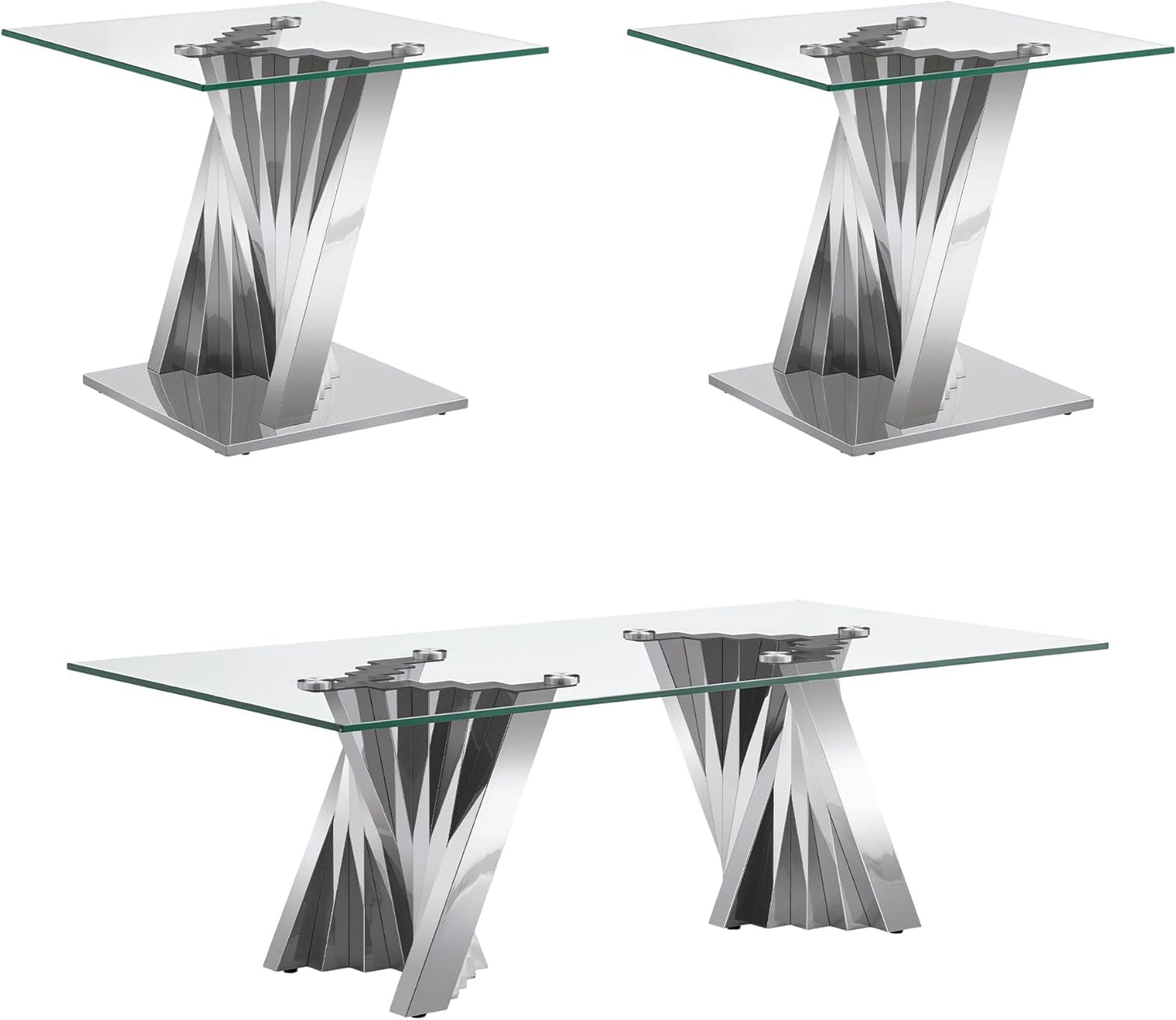 Silver 3 Piece Living Room Table Set with 1 Glass Coffee Table & 2 End Table, 3 Piece Coffee Table Set with Tempered Glass Tabletop and Stainless Steel Pedestal, Easy to Assemble