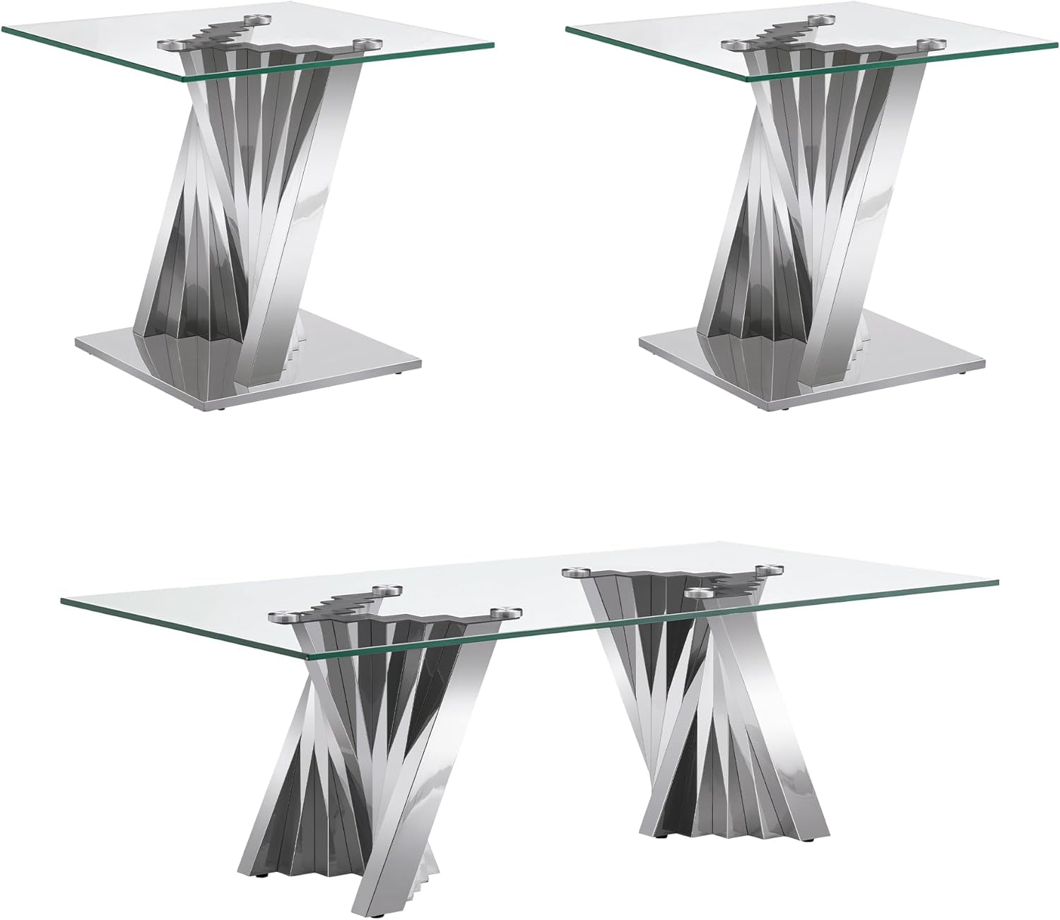 Silver 3 Piece Living Room Table Set with 1 Glass Coffee Table & 2 End Table, 3 Piece Coffee Table Set with Tempered Glass Tabletop and Stainless Steel Pedestal, Easy to Assemble