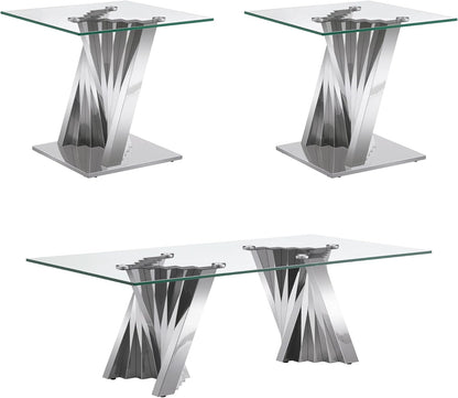 Silver 3 Piece Living Room Table Set with 1 Glass Coffee Table & 2 End Table, 3 Piece Coffee Table Set with Tempered Glass Tabletop and Stainless Steel Pedestal, Easy to Assemble