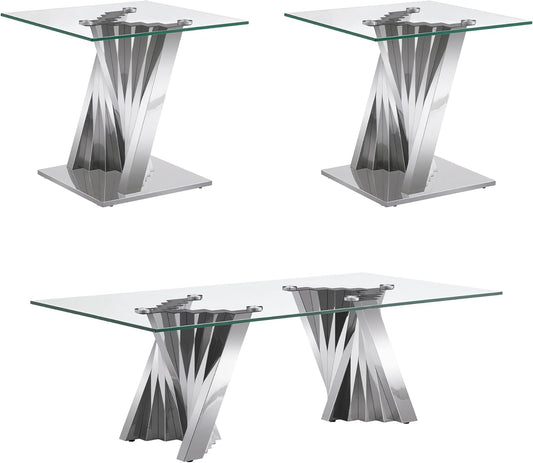 Silver 3 Piece Living Room Table Set with 1 Glass Coffee Table & 2 End Table, 3 Piece Coffee Table Set with Tempered Glass Tabletop and Stainless Steel Pedestal, Easy to Assemble