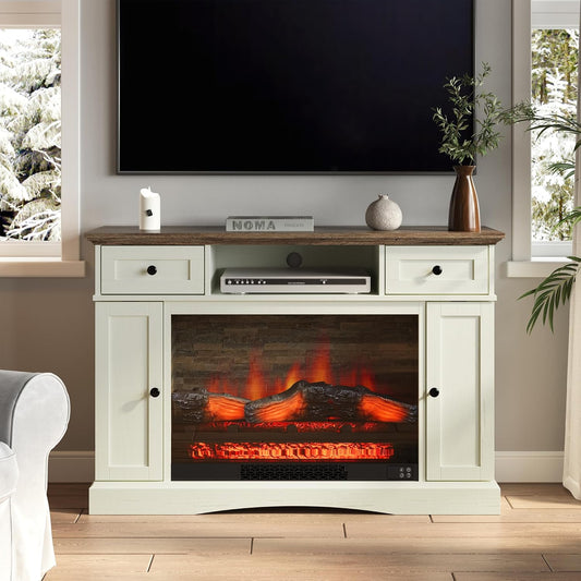 Fireplace TV Stands with for Tvs up to 55'', Media Console Table with Adjustable Shelves, Double-Door Design, Entertainment Center for Living Room, White and Rustic Oak