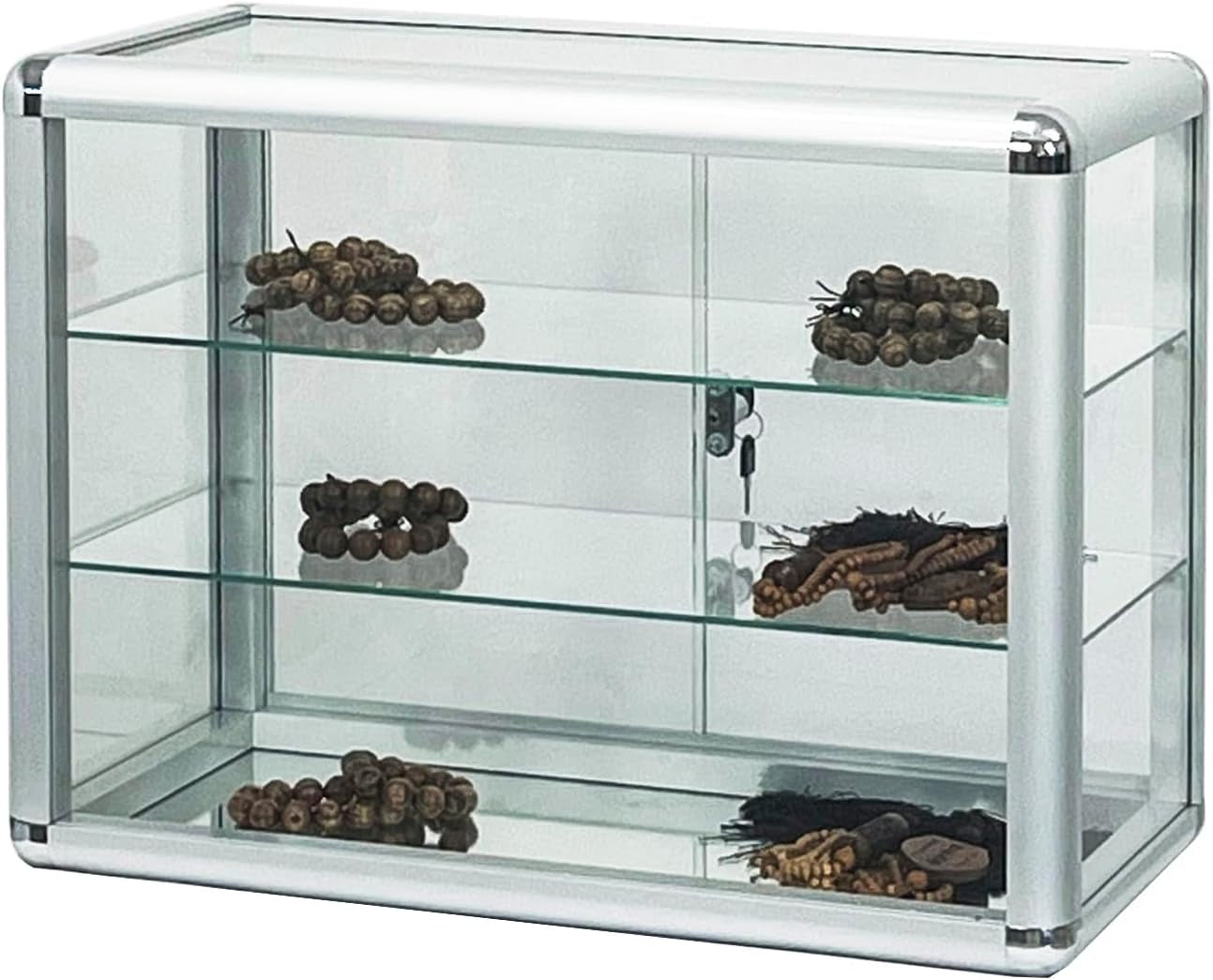 Aluminum Display Showcase with Removable Glass Shelves, Tempered Counter Top Glass Case with Lock and Key (Silver, 24" L X 12" D X 18" H)