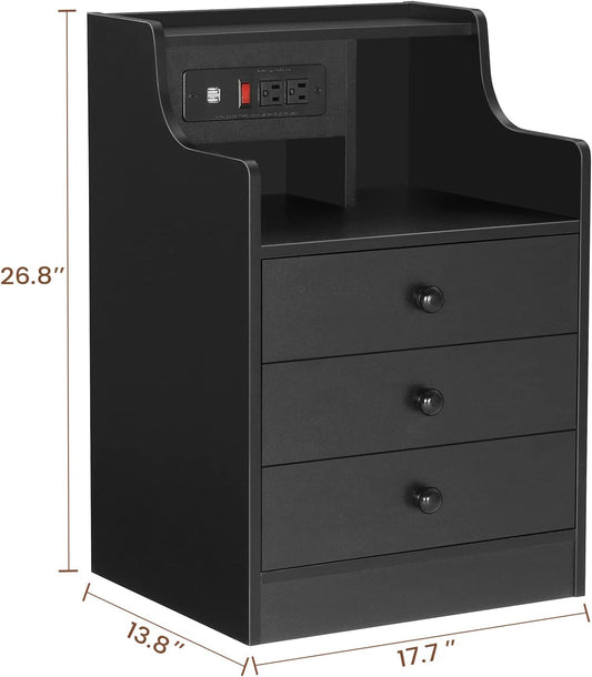 Nightstand with Charging Station,Black Night Stand for Bedroom,End Table with Hutch & Storage Drawers