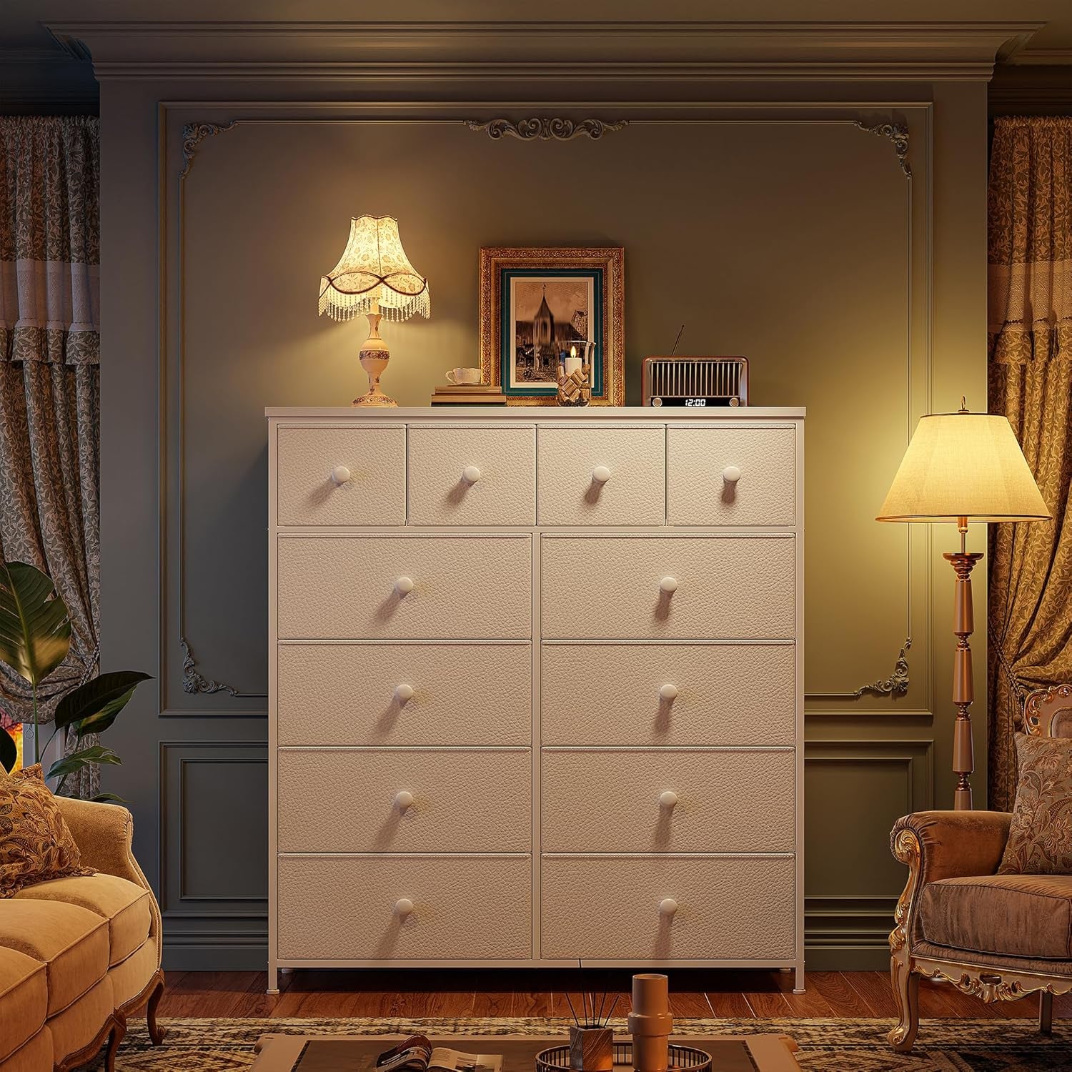 Dressers for Bedroom with 12 Drawers, Fabric Dressers & Chests of Drawers, Sturdy Metal Frame, Wood Top, Entryway, Bedroom Furniture (White)